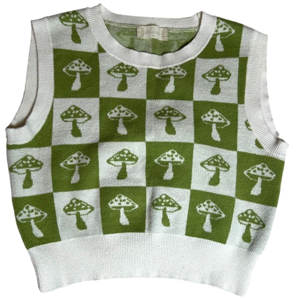 Altaid State Sleeveless Green & White Check Toad Stall Mushroom Knit Vest